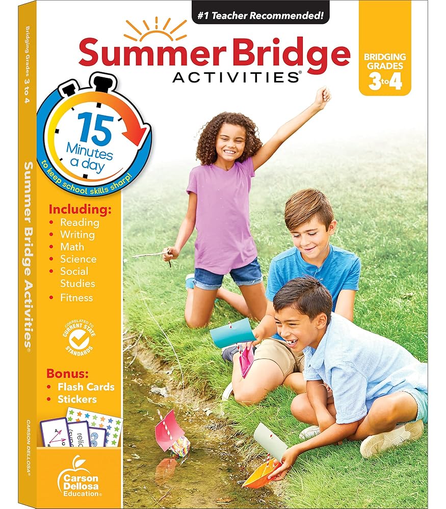 Summer Bridge Activities 3rd to 4th Grade Workbook, Activity Book With Math, Reading Comprehension, Science, Fitness, Social Studies, Writing Practice, and Flash Cards cover image