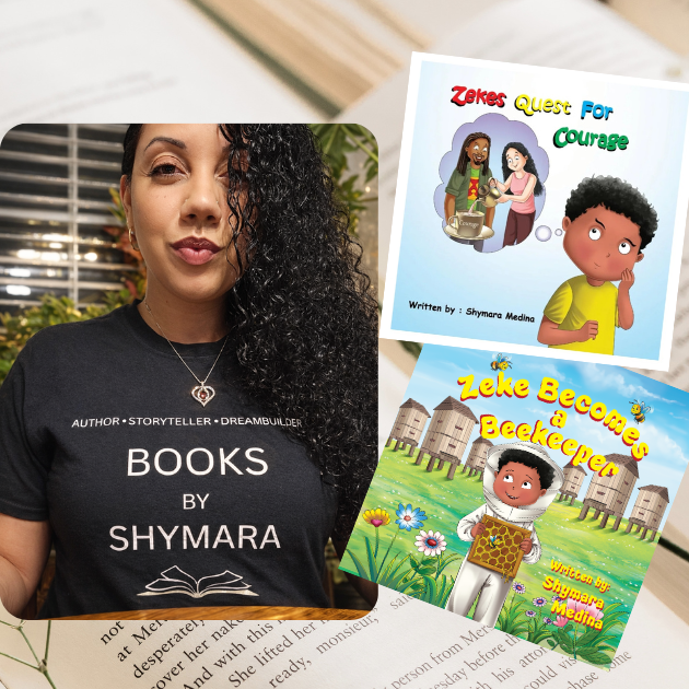 A promotional graphic featuring a portrait of a woman in a black shirt reading and two children's book covers on the right.